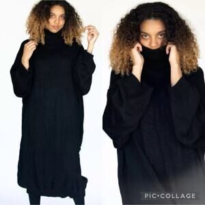 Connie Fails Oversized Turtle Cowl Neck Ribbed Velvet Lagenlook Dress - Black